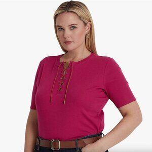 LAUREN Ralph Lauren Lace-Up‎ Stretch Cotton Top Blouse Pink Sz Large NWT Women's